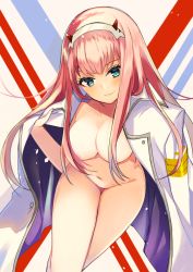 Rule 34 | 10s, 1girl, bare legs, blue eyes, blush, breasts, cleavage, coat, collarbone, cowboy shot, darling in the franxx, fake horns, groin, hair censor, hairband, horned headwear, horns, long hair, looking at viewer, medium breasts, naked coat, navel, pink hair, ry thae, smile, solo, straight hair, zero two (darling in the franxx)