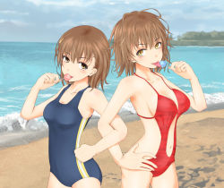 Rule 34 | 2girls, beach, blue one-piece swimsuit, breasts, brown eyes, brown hair, candy, cleavage, clone, comparison, food, hair ornament, hairpin, licking, locked arms, lollipop, messy hair, misaka mikoto, misaka worst, multiple girls, navel, ocean, one-piece swimsuit, red one-piece swimsuit, shin (highest1192), siblings, sisters, slingshot swimsuit, swimsuit, toaru majutsu no index, tongue, water
