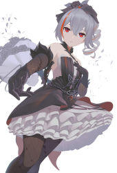 Rule 34 | 1girl, bad id, bad pixiv id, black dress, black flower, black gloves, black rose, black thighhighs, bouquet, bronya zaychik, bronya zaychik (black nucleus), dress, drill hair, elbow gloves, flower, gloves, grey hair, hair between eyes, hair flower, hair ornament, hand on own chest, highres, honkai (series), honkai impact 3rd, jliaan, looking at viewer, open mouth, outstretched arm, petals, red eyes, rose, simple background, sleeveless, sleeveless dress, solo, teeth, thighhighs, white background