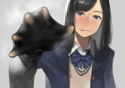 Rule 34 | 1girl, :q, absurdres, black gloves, black hair, black pantyhose, blazer, blue jacket, blue necktie, breath, collared shirt, commentary, dress shirt, elbow gloves, gloves, grey background, grey eyes, highres, jacket, licking lips, long hair, looking at viewer, necktie, original, pantyhose, parted lips, see-through, shirt, simple background, smile, solo, steam, sweater, swept bangs, tongue, tongue out, white shirt, yomu (sgt epper)
