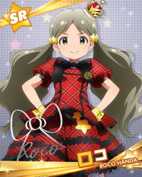 Rule 34 | 10s, 1girl, blush, card (medium), character name, character signature, crown, cuff links, dress, grey hair, handa roco, hands on own hips, idolmaster, idolmaster million live!, looking at viewer, mini crown, official art, plaid, plaid dress, prologue rouge (idolmaster), ribbon, signature, silver background, smile, star (symbol), twintails, yellow eyes