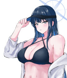 Rule 34 | 1girl, bare shoulders, bikini, black bikini, blue archive, blue eyes, blue hair, breasts, cleavage, coat, commentary request, criss-cross halter, hadari (eve future 00), halterneck, hand up, highres, large breasts, long hair, long sleeves, navel, off shoulder, open clothes, open coat, saori (blue archive), solo, stomach, swimsuit, upper body, visor cap, white coat