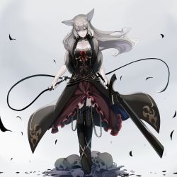 Rule 34 | 1girl, absurdres, animal ears, breasts, dress, frilled dress, frills, full body, grey background, grey hair, highres, holding, holding sword, holding weapon, long hair, looking at viewer, mikisai, open mouth, original, purple eyes, sidelocks, simple background, skull, small breasts, smile, solo, sword, weapon