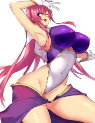 Rule 34 | 1girl, absurdres, arm up, armpits, breasts, covered erect nipples, gloves, gundam, gundam seed, highres, hip focus, large breasts, long hair, meer campbell, negresco, one eye closed, pink hair, purple eyes, simple background, smile, solo, thighs, very long hair, white background, white gloves