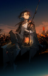Rule 34 | 1boy, absurdres, ahoge, anklet, arknights, barefoot, black coat, black hair, black pants, blue hair, coat, collarbone, collared coat, commentary, dongsheng, evening, grass, hair between eyes, highres, holding, holding lantern, jewelry, knee up, lantern, long sleeves, looking to the side, lumen (arknights), male focus, multicolored hair, nature, night, night sky, open clothes, open coat, orange eyes, outdoors, pants, pointy ears, shirt, short hair, sitting, sky, sleeve cuffs, solo, staff, sunset, v-neck, white shirt