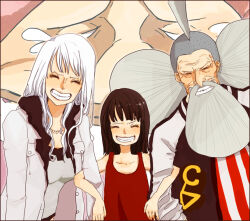 Rule 34 | 2boys, 2girls, ^ ^, aged down, bare arms, bare shoulders, beard, black hair, blunt bangs, child, chokuboron ryou, closed eyes, clover (one piece), coat, commentary request, crop top, dress, facial hair, grey hair, grin, happy, happy tears, hug, jacket, jaguar d. saul, jewelry, laughing, long beard, long hair, looking at viewer, medium hair, mother and daughter, multiple boys, multiple girls, necklace, nico olvia, nico robin, official alternate costume, one piece, red dress, shirt, sleeveless, sleeveless dress, smile, striped clothes, striped shirt, tears, upper body, vertical-striped clothes, vertical-striped shirt, white hair
