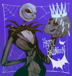 Rule 34 | arm behind back, buttons, commentary request, cowboy shot, crown, formal, happy halloween, highres, holding, holding skull, jack skellington, jacket, pants, purple background, silk, skeleton, skull, smile, solo, spider web, stitched mouth, stitches, striped clothes, striped jacket, striped pants, suit, tako jirou, the nightmare before christmas, vertical-striped clothes, vertical-striped jacket, vertical-striped pants