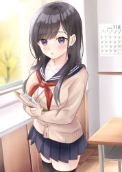 Rule 34 | 1girl, :o, black hair, black thighhighs, blue sailor collar, blue skirt, blush, breasts, brown cardigan, calendar (object), cardigan, collarbone, commentary request, day, desk, highres, holding, indoors, long hair, long sleeves, looking at viewer, medium breasts, neckerchief, original, parted lips, pleated skirt, purple eyes, red neckerchief, sailor collar, school desk, school uniform, serafuku, shirt, skirt, sleeves past wrists, solo, standing, thighhighs, tree, white shirt, window, yukimaru217