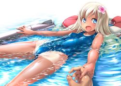 Rule 34 | 10s, 1girl, :d, blonde hair, blue eyes, blue one-piece swimsuit, blush, bosshi, breasts, cameltoe, covered erect nipples, dark-skinned female, dark skin, flower, hair flower, hair ornament, highleg, highleg swimsuit, holding hands, kantai collection, lifebuoy, looking at viewer, lying, on back, one-piece swimsuit, open mouth, partially submerged, pov, pov hands, ro-500 (kancolle), shiny clothes, small breasts, smile, solo focus, swim ring, swimsuit, tan, tanline, torpedo, water