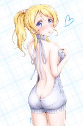 Rule 34 | 10s, 1girl, :p, ass, ayase eli, back, backless dress, backless outfit, bare back, blonde hair, blue eyes, blush, breasts, bunching hair, butt crack, ckst, commentary request, cowboy shot, dress, grey sweater, hand on own chest, heart, highres, looking at viewer, looking back, love live!, love live! school idol project, meme attire, ponytail, ribbed sweater, solo, sweater, sweater dress, tongue, tongue out, twitter username, virgin killer sweater