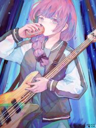Rule 34 | 1girl, bass guitar, black bow, black jacket, black nails, blunt bangs, bocchi the rock!, bow, braid, can, dress, drinking, green dress, hair bow, hair over shoulder, highres, hiroi kikuri, holding, holding can, holding instrument, instrument, jacket, long hair, long sleeves, looking at viewer, multicolored clothes, multicolored jacket, open clothes, open jacket, purple eyes, purple hair, single braid, solo, two-tone jacket, white jacket, youcaiyouzibi81805