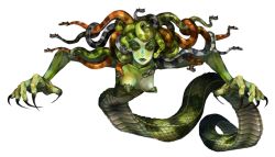 Rule 34 | 1girl, breasts, colored skin, dragon&#039;s crown, fingernails, green lips, green skin, kamitani george, long fingernails, monster, monster girl, official art, pointy breasts, scales, sharp nails, simple background, snake hair, snake tail, solo, tail, vanillaware