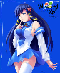 Rule 34 | 1girl, artist request, black hair, blue eyes, blue hair, blue skirt, breasts, detached sleeves, finger to mouth, hair ornament, hair ribbon, hairclip, inayuu (widematrix), large breasts, long hair, matching hair/eyes, miniskirt, open mouth, os-tan, panties, ribbon, shirt, skirt, sleeveless, sleeveless shirt, solo, thighhighs, tress ribbon, underwear, upskirt, very long hair, white panties, white thighhighs, xp-tan, zettai ryouiki
