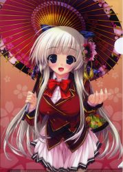 Rule 34 | 1girl, :d, absurdres, aina ashwin, black thighhighs, blazer, bow, breasts, flower, flower on head, hair bow, hair flower, hair ornament, highres, jacket, large breasts, long hair, open mouth, outstretched hand, parasol, pleated skirt, prism recollection!, purple eyes, school uniform, shintarou, silver hair, skirt, smile, solo, thighhighs, umbrella, very long hair
