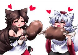 Rule 34 | 2girls, :d, animal ear fluff, animal ears, black skirt, blush, boned meat, breasts, brown hair, cleavage, closed eyes, commentary request, cowboy shot, dress, eating, fingernails, food, fuuren udon, good meat day, hat, heart, holding, holding food, imaizumi kagerou, inubashiri momiji, large breasts, long hair, meat, medium bangs, medium breasts, multiple girls, off-shoulder dress, off shoulder, open mouth, red brooch, red headwear, red nails, sharp fingernails, shirt, short hair, simple background, skirt, smile, tail, tokin hat, touhou, very long hair, white background, white dress, white hair, white shirt, wolf ears, wolf girl, wolf tail