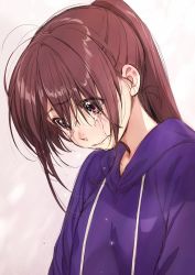 Rule 34 | 1girl, brown hair, closed mouth, commentary request, crying, crying with eyes open, eyes visible through hair, hood, hood down, hoodie, kawai makoto, long hair, looking down, original, pink eyes, ponytail, purple neckwear, snot, solo, tears, upper body