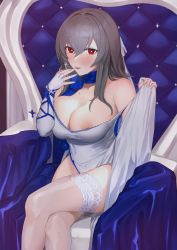 Rule 34 | 1girl, absurdres, azur lane, bare shoulders, blue scarf, blush, breasts, commission, cross, cross earrings, dress, earrings, evening gown, fingerless gloves, gloves, grey hair, highres, jewelry, large breasts, long hair, looking at viewer, mole, mole on body, mole under eye, nipple slip, nipples, no bra, official alternate costume, sadiwosan, saint-louis (azur lane), saint-louis (holy knight&#039;s resplendence) (azur lane), saint-louis (holy knight&#039;s resplendence) (azur lane), scarf, sitting, skeb commission, skirt hold, sleeveless, sleeveless dress, solo, suggestive fluid, thighhighs, tongue, tongue out, white dress, white gloves, white thighhighs
