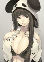 Rule 34 | 1girl, black nails, bra, breasts, brown hair, cleavage, dress shirt, hands on own chest, highres, hood, huge breasts, lips, long hair, muneneko, nail polish, open clothes, open shirt, original, panda hat, shirt, simple background, smile, solo, underwear
