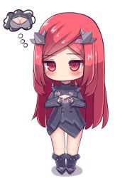 Rule 34 | 1girl, airplane hair ornament, bad id, bad pixiv id, black dress, breast envy, breasts, chibi, cleavage, cleavage cutout, clothing cutout, dress, highres, hshow, imagining, last origin, long hair, night angel (last origin), red eyes, red hair, simple background, solo, swept bangs, white background