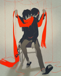 Rule 34 | 1boy, 1girl, absurdres, between fingers, blood, chair, closed eyes, covered mouth, cuts, entangled, hair between eyes, hair ornament, hairclip, head tilt, highres, holding, injury, kagerou project, kisaragi shintarou, loss time memory (vocaloid), scarf, scissors, sitting, socks, string, string of fate, syeoseul, tateyama ayano, tears, vocaloid, white legwear
