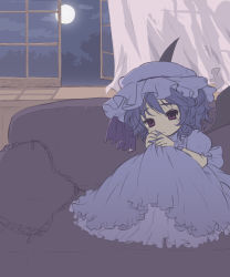 Rule 34 | 1girl, bad id, bad pixiv id, blue hair, couch, female focus, hat, highres, indoors, moon, nature, oto, plant, red eyes, remilia scarlet, short hair, sky, solo, touhou, window, wings