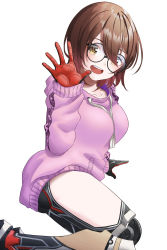 Rule 34 | 1girl, aboreen, android, black-framed eyewear, blush, breasts, brown hair, commentary, glasses, hair between eyes, highres, hololive, hood, hoodie, looking at viewer, mechanical arms, mechanical legs, medium breasts, open mouth, pink hoodie, roboco-san, roboco-san (hoodie), round eyewear, short hair, simple background, smile, solo, teardrop-framed glasses, thighs, virtual youtuber, waving, white background, yellow eyes