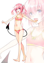 Rule 34 | 1girl, :d, bikini, breasts, commentary request, demon tail, happy, highres, long hair, looking at viewer, nana asta deviluke, navel, official art, open mouth, pink bikini, pink eyes, pink hair, pink theme, small breasts, smile, solo, standing, swimsuit, tail, to love-ru, twintails, yabuki kentarou, zoom layer