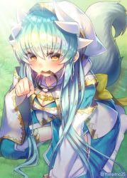 Rule 34 | 1girl, aqua hair, blush, breasts, cleavage, cleavage cutout, clothing cutout, commentary request, detached sleeves, dog tail, fate/grand order, fate (series), heart, heart-shaped pupils, highres, hood, hoodie, japanese clothes, kiyohime (fate), kneeling, long hair, looking at viewer, minamo25, mouth hold, obi, paw pose, sash, solo, symbol-shaped pupils, tail, yellow eyes