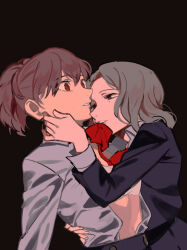 Rule 34 | 2girls, arm around waist, black jacket, black skirt, bow, bowtie, bra, brown background, brown eyes, brown hair, clothes in mouth, collared shirt, commentary request, gekkoukan high school uniform, grey hair, hand on another&#039;s cheek, hand on another&#039;s face, hand on another&#039;s hip, hasegawa saori, ine (goin), jacket, long sleeves, looking at another, medium hair, mole, mole under eye, mouth hold, multiple girls, open clothes, open shirt, parted lips, persona, persona 3, persona 3 portable, ponytail, red bow, red eyes, school uniform, shiomi kotone, shirt, simple background, skirt, underwear, white bra, white shirt, wide-eyed, wing collar, yuri
