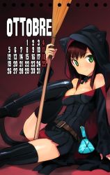 Rule 34 | 1girl, animal ears, animal hat, bare shoulders, belt, boots, breasts, broom, brown hair, calendar, cat ears, cat girl, cat tail, choker, cleavage, dress, erlenmeyer flask, federica n. doglio, female focus, flask, gradient background, green eyes, hat, hood, hoodie, italian text, medium breasts, microdress, panties, red panties, shimada fumikane, smile, solo, strike witches, tail, thigh boots, thighhighs, underwear, world witches series