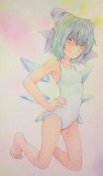 Rule 34 | 1girl, alternate costume, barefoot, blue eyes, blue hair, bow, breasts, casual one-piece swimsuit, cirno, collarbone, covered navel, full body, hair bow, hand on own hip, highres, ice, ice wings, looking at viewer, matching hair/eyes, one-piece swimsuit, painting (medium), parted lips, pink background, short hair, small breasts, solo, swimsuit, touhou, traditional media, watercolor (medium), white one-piece swimsuit, wings, yuyu (00365676)