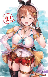 Rule 34 | 1girl, absurdres, atelier (series), atelier ryza, atelier ryza 2, belt, black gloves, black thighhighs, braid, brown belt, brown eyes, brown hair, collared shirt, commentary request, dress shirt, gloves, gu luco, hair ornament, hair ribbon, hand on own hip, highres, jacket, jewelry, key, key necklace, necklace, one eye closed, open mouth, partially fingerless gloves, pouch, red shorts, reisalin stout, ribbon, shirt, short hair, short shorts, shorts, single braid, single thighhigh, skindentation, sleeveless, sleeveless shirt, speech bubble, standing, thigh strap, thighhighs, thighs, white headwear, white shirt, yellow jacket