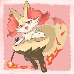 Rule 34 | 1girl, :3, absurdres, animal ear fluff, animal ears, animal feet, animal hands, animal nose, black fur, body fur, border, braixen, creatures (company), fangs, female focus, fire, fox ears, fox girl, fox tail, full body, furry, furry female, game freak, gen 6 pokemon, hand up, happy, highres, holding, holding stick, looking at viewer, multicolored fur, nintendo, open mouth, outside border, pokemon, pokemon (creature), red background, red eyes, san (sanchimpo), simple background, smile, snout, solo, standing, stick, tail, white border, white fur, yellow fur
