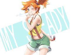 Rule 34 | 1girl, ;), bare arms, blue eyes, blush, clear glass (mildmild1311), closed mouth, commentary request, creatures (company), eyelashes, game freak, green shorts, hand up, highres, holding, holding poke ball, misty (pokemon), navel, nintendo, one eye closed, orange hair, poke ball, poke ball (basic), pokemon, pokemon (anime), pokemon sm042, pokemon sm (anime), shirt, short hair, shorts, side ponytail, smile, solo, suspenders, watermark, yellow shirt