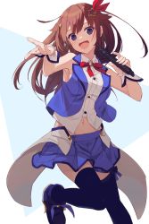 Rule 34 | 1girl, :d, black thighhighs, brown hair, fingernails, hair ornament, hands up, highres, holding, holding microphone, hololive, idol, long hair, looking at viewer, microphone, midriff, miniskirt, nagishiro mito, navel, neck ribbon, open mouth, pleated skirt, purple eyes, purple skirt, reaching, reaching towards viewer, red ribbon, ribbon, shoes, skirt, smile, solo, star (symbol), star hair ornament, teeth, thighhighs, tokino sora, tokino sora (1st costume), upper teeth only, virtual youtuber, wristband