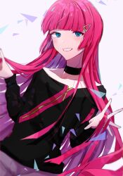 Rule 34 | 1boy, androgynous, black shirt, blue eyes, choker, grey background, hair ornament, hairclip, highres, long hair, long sleeves, looking at viewer, male focus, neon (technoroid), pink hair, shenaa, shirt, smile, solo, technoroid, teeth, white background