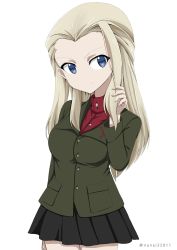 Rule 34 | 10s, 1girl, arm behind back, black skirt, blonde hair, blue eyes, clara (girls und panzer), closed mouth, commentary, cowboy shot, emblem, girls und panzer, green jacket, hand in own hair, jacket, light smile, long hair, long sleeves, looking at viewer, miniskirt, one-hour drawing challenge, pleated skirt, pravda school uniform, red shirt, school uniform, shibagami, shirt, simple background, skirt, solo, standing, turtleneck, twitter username, white background