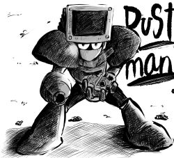 Rule 34 | 1boy, arm cannon, character name, dust man, holding, looking at viewer, male focus, mega man (classic), mega man (series), monochrome, robot, shadow, solo, standing, sun226picture, weapon, white background