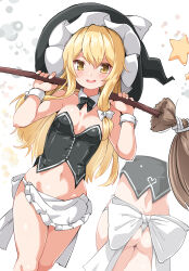 Rule 34 | 1girl, apron, ass, black corset, blonde hair, blush, bow, breasts, broom, cleavage, corset, embarrassed, frills, hair bow, hat, heart, highres, huyusilver, kirisame marisa, long hair, looking at viewer, navel, small breasts, solo, thighs, thong, touhou, white background, white bow, witch hat, wrist cuffs, yellow eyes