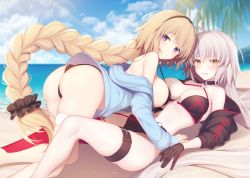Rule 34 | 2girls, ahoge, all fours, ass, bare shoulders, beach, bikini, black bikini, black choker, black gloves, black hairband, black jacket, blonde hair, blue sky, blush, breasts, breasts apart, choker, cleavage, cloud, collarbone, commentary request, cropped jacket, day, fate/grand order, fate (series), from behind, gloves, groin, hairband, halterneck, hood, hood down, hoodie, jacket, jeanne d&#039;arc alter (swimsuit berserker) (fate), jeanne d&#039;arc (fate), jeanne d&#039;arc (ruler) (fate), jeanne d&#039;arc (swimsuit archer) (fate), jeanne d&#039;arc (swimsuit archer) (first ascension) (fate), jeanne d&#039;arc alter (fate), jeanne d&#039;arc alter (swimsuit berserker) (fate), large breasts, long hair, looking at viewer, looking back, lying, miko (royal milk), multiple girls, navel, o-ring, o-ring bikini, o-ring bottom, o-ring top, ocean, on back, open clothes, open hoodie, outdoors, palm tree, purple eyes, red legwear, sand, shrug (clothing), sideboob, single thighhigh, sky, smile, swimsuit, thigh strap, thighhighs, thighs, tree, underboob, very long hair, water, white hair, yellow eyes