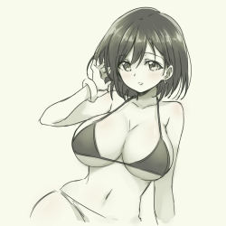 Rule 34 | 1girl, bikini, blush, bracelet, breasts, cleavage, earrings, eyebrows, greyscale, hair flip, jewelry, large breasts, looking at viewer, monochrome, navel, parted lips, pas (paxiti), short hair, sideboob, sketch, solo, spot color, strap gap, swimsuit, underboob, upper body