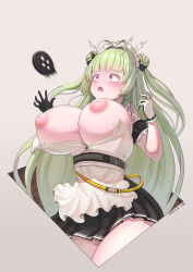 Rule 34 | 1girl, accidental exposure, antenna hair, apron, arm garter, black skirt, blush, breasts, breasts out, bursting breasts, chest strap, cleavage, detached collar, double bun, dress, flying button, garter belt, gloves, goddess of victory: nikke, green hair, green necktie, hair bun, hair ornament, hairclip, highres, inverted nipples, large breasts, long hair, maid, maid apron, maid headdress, mop, necktie, nipples, open mouth, puffy nipples, purple eyes, shoes, short necktie, simple background, sitting, skirt, sleeveless, sleeveless dress, soda (nikke), solo, thighhighs, thighs, user xcnt3274, wardrobe malfunction, white apron, white gloves, white thighhighs