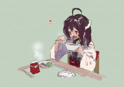 Rule 34 | 1girl, ahoge, blush, bowl, brown eyes, brown hair, chair, food, food request, green background, headgear, holding, holding bowl, holding spoon, japanese clothes, kimono, lamb (hitsujiniku), long sleeves, notice lines, obi, on chair, open mouth, sash, simple background, solo, spoon, table, touhoku kiritan, two side up, voiceroid, white kimono, wide sleeves