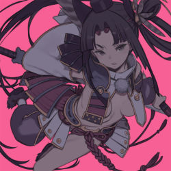 Rule 34 | 1girl, armor, asymmetrical sleeves, black eyes, black hair, black hat, breasts, dual wielding, fate/grand order, fate (series), forehead, hat, holding, holding sword, holding weapon, japanese armor, kuroboshi kouhaku, kusazuri, long hair, looking at viewer, mismatched sleeves, pink background, pom pom (clothes), revealing clothes, simple background, small breasts, socks, solo, sword, ushiwakamaru (fate), v-shaped eyebrows, weapon, white socks