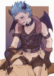 Rule 34 | 2boys, bad id, bad pixiv id, bare shoulders, belt, black belt, black collar, black horns, black wings, blue background, blue eyes, blue hair, blush, border, boy on top, brown background, brown gloves, brown pants, brown shorts, bulge, camus (dq11), collar, collarbone, commentary request, demon boy, demon horns, demon tail, demon wings, dragon quest, dragon quest xi, gloves, hand on another&#039;s chin, hands on another&#039;s hips, hero (dq11), horns, looking at another, male focus, male pubic hair, mondi hl, multicolored background, multiple boys, open clothes, open mouth, open shorts, pants, pubic hair, shorts, solo focus, spiked hair, straddling, tail, teasing, topless male, white border, wings, yaoi