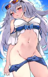 Rule 34 | 1girl, ahoge, arknights, bikini, blue shorts, blue sky, breasts, cleavage, clothes pull, cloud, commentary request, day, hair between eyes, highres, kyuu (plastic night q), long hair, looking at viewer, medium breasts, navel, official alternate costume, red eyes, shorts, shorts pull, skadi (arknights), skadi (waverider) (arknights), sky, solo, sunglasses, swimsuit