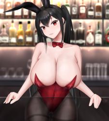 Rule 34 | 1girl, azur lane, bow tie, breasts, cleavage, counter, highres, leotard, playboy bunny, red leotard, taihou (azur lane)