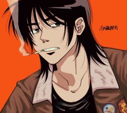 Rule 34 | 1boy, black hair, bomber jacket, brown eyes, brown jacket, cigarette, clenched teeth, commentary request, itou kaiji, jacket, kaiji, long hair, looking at viewer, male focus, medium bangs, neoki oki, open clothes, open jacket, orange background, patch, simple background, smoke, smoking, solo, teeth, upper body