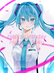 Rule 34 | 1girl, 2022, absurdres, arm tattoo, black sleeves, blue eyes, blue hair, blue necktie, blurry, blurry foreground, breasts, character name, collared shirt, dated, detached sleeves, eyebrows hidden by hair, floating hair, framed, hair between eyes, happy birthday, hatsune miku, headphones, headset, highres, long hair, looking at viewer, medium breasts, meruri lumiere, microphone, necktie, number tattoo, open mouth, shirt, sleeveless, sleeveless shirt, solo, tattoo, twintails, upper body, very long hair, vocaloid, white background, white shirt, wing collar