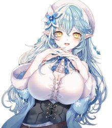 Rule 34 | 1girl, absurdres, blue hair, blue nails, braid, breasts, cleavage, corset, cup, elf, fingernails, half updo, highres, hololive, large breasts, light blue hair, long fingernails, long hair, looking at viewer, multicolored hair, myumyutain, nail polish, neck ribbon, open mouth, pointy ears, ribbon, simple background, smile, solo, two-tone hair, virtual youtuber, wavy hair, white background, yellow eyes, yukihana lamy